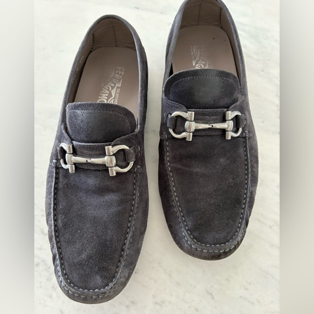 Salvatore Ferragamo Charcoal Gray Suede Loafers